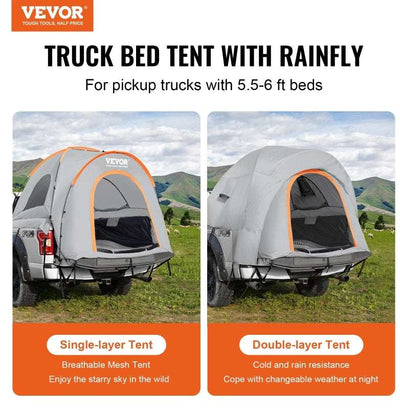 Truck Bed Tent, 5.5'-6' Pickup Truck Tent With Rain Layer And Carry Bag, Waterproof PU2000mm Double Layer Truck Tent For Camping, Accommodate 2-3 Person, For Camping Traveling Outdoor Activities